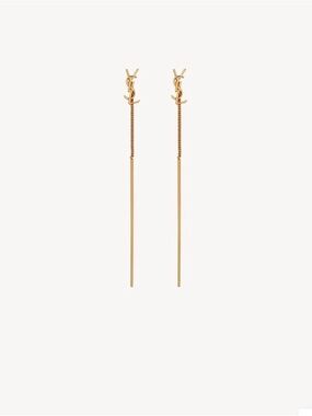 Saint Laurent Cassandre Threader Bar Drop Earrings Gold Tone